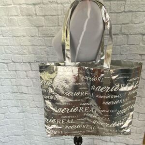 Aerie XL tote bag with double handles silver & white 19.5”x17” brand new